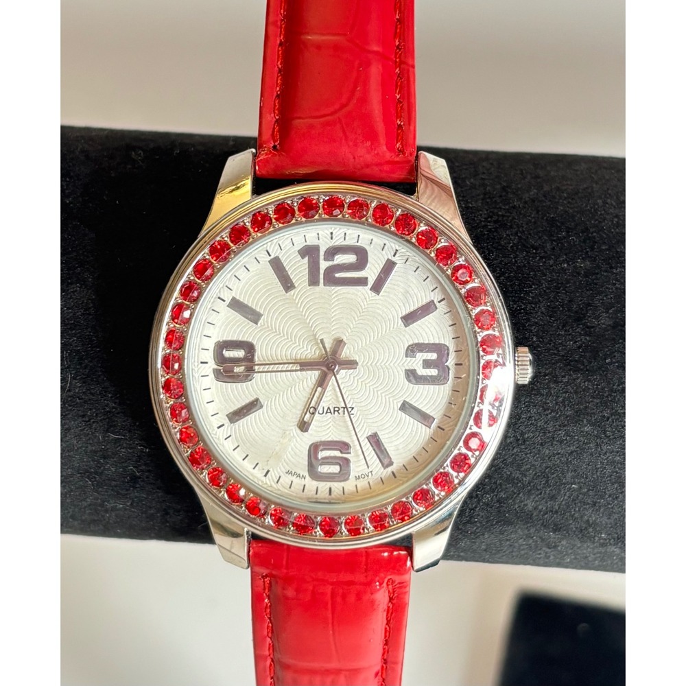 Y2K Silver Tone Red Rhinestone Bezel Quartz Watch Red Leather Strap